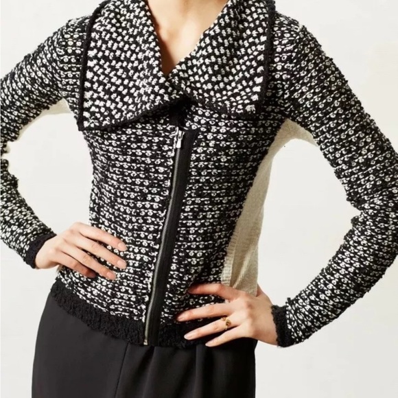 NWT Anthropology Yellow Bird Slubby Moto Jacket Sweater in Ivory Black Size XS - Picture 9 of 9